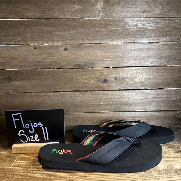 Flojos Shoes - Womens Flojos Bandera Rasta Black Comfort Foam Casual Beach Flip Flops Size 11 M
